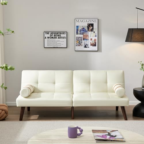 White Linen Convertible Sofa Bed with Adjustable Backrests M57833