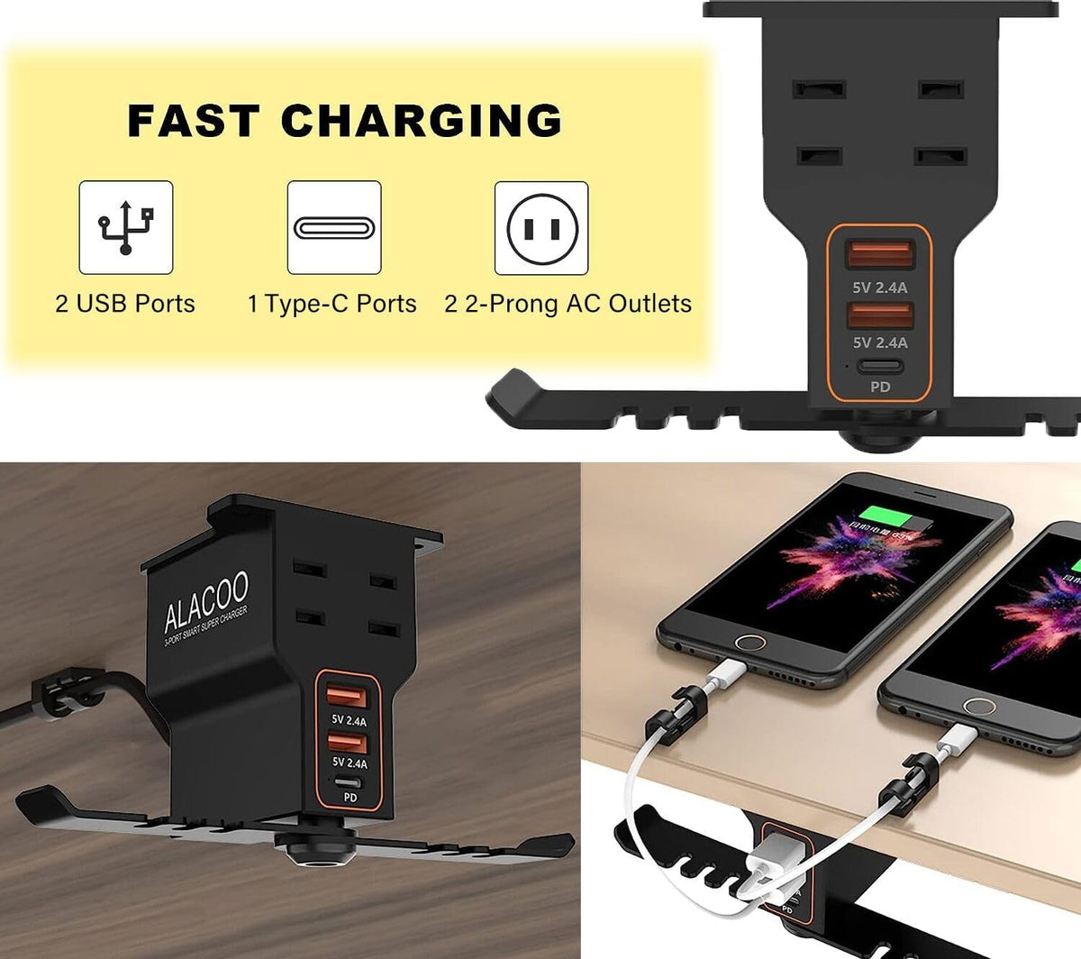 Headphone Stand with 2 USB A Charging Port AC Outlets Headset Hanger Charging Station X3997