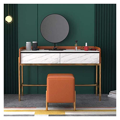 White Dressing Vanity Table with 2 Drawers, Round Mirror and Stool L768387