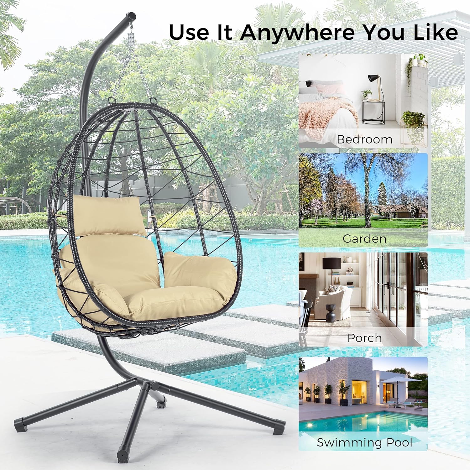 Egg Chair with Stand, Rattan Hanging Chair with Cushion S4962