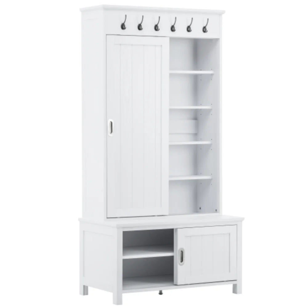 White Wooden Hall Tree with Sliding Doors and Storage Bench W631