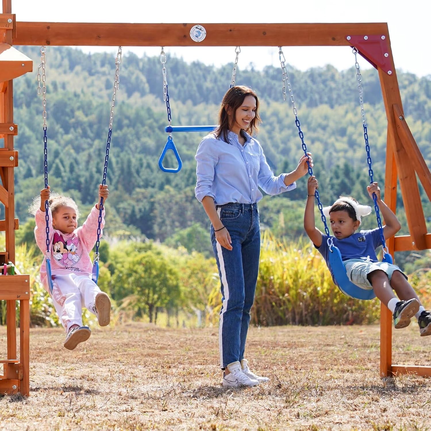 Wooden Playground Swing Sets with Monkey Bar, 8FT Wave Slide, 2 Belt Swings U817574