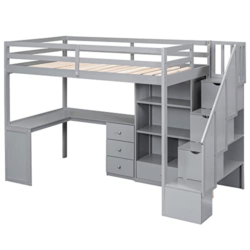 Full Size Loft Bed with Desk and Shelves, Two Drawers, Gray L73426