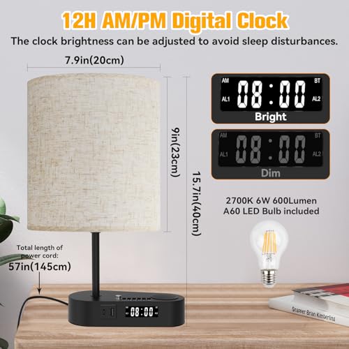 4-in-1 Touch Control Bedside Table Lamp with Bluetooth Speaker, Digital Clock, Dual Alarms, 3-Level Dimmable, USB C+A Charging Ports K13159