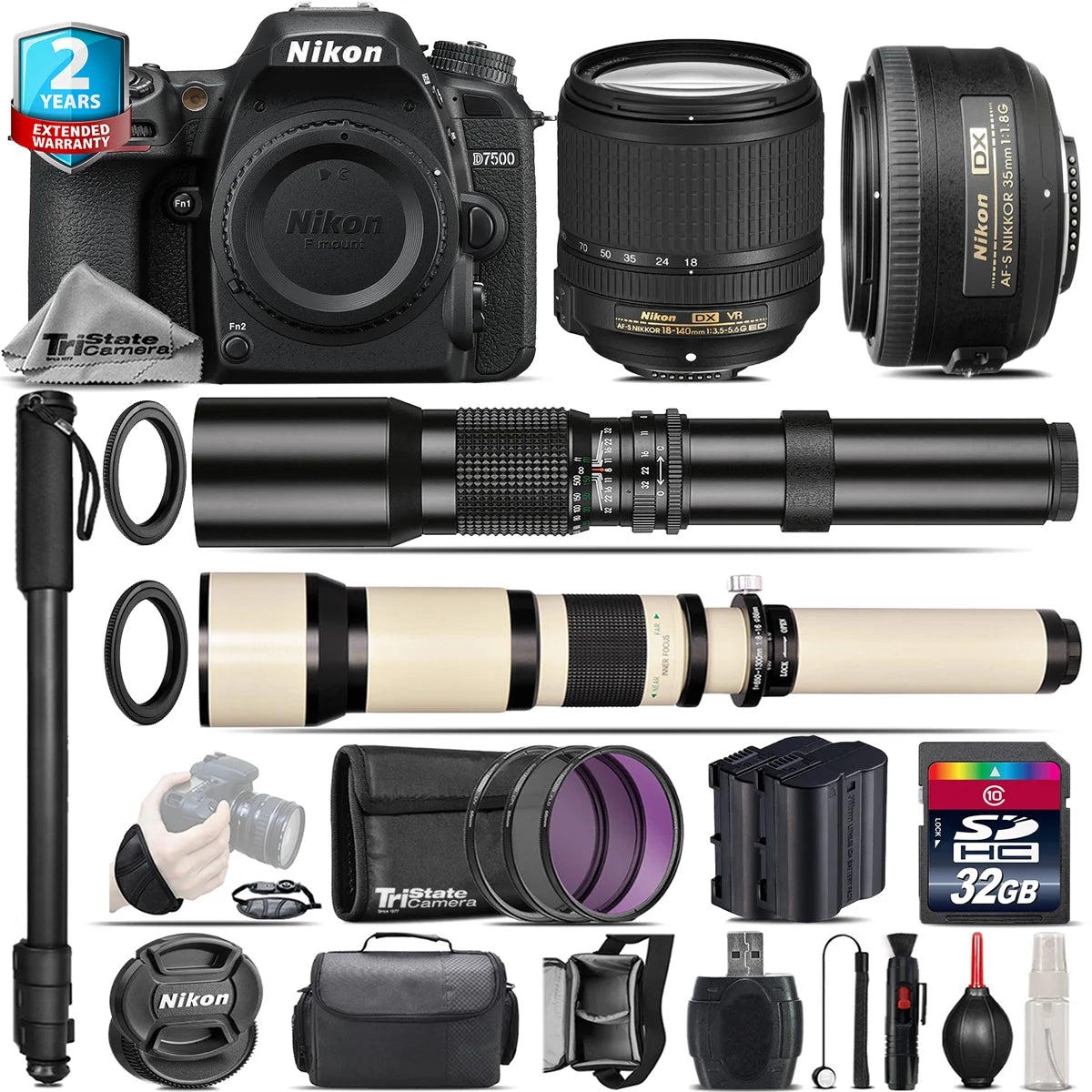 Nikon D7500 DSLR Camera with 18-140mm VR, 35mm f/1.8, 500-1300mm, 32GB Kit E318