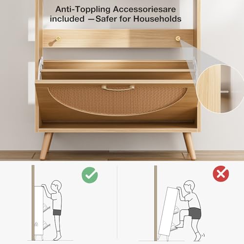 Natural LED Rattan Wood Shoe Storage Cabinet with 2 Flip Drawers W6869