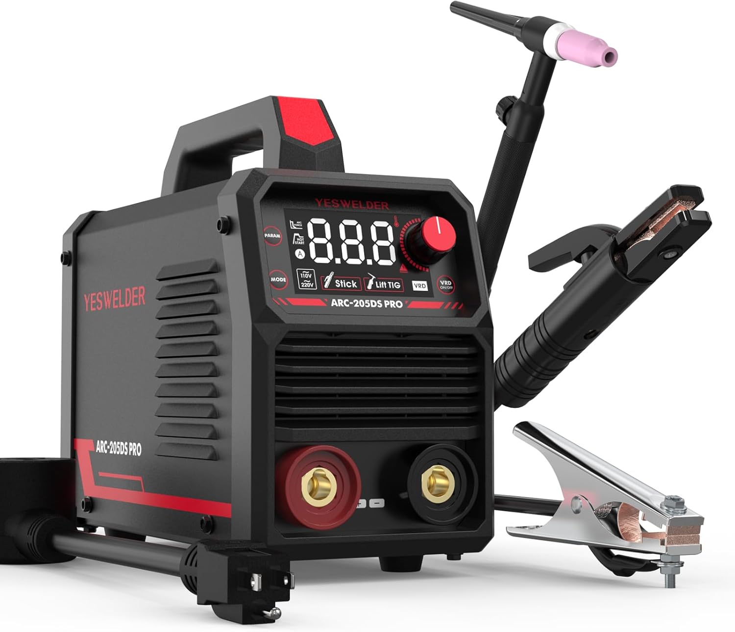 205Amp Stick Welder with Lift TIG Torch, Large LED Display, 110V/220V Dual Voltage Portable Welding Machine, Flip Front Welding Hood Helmet J51356