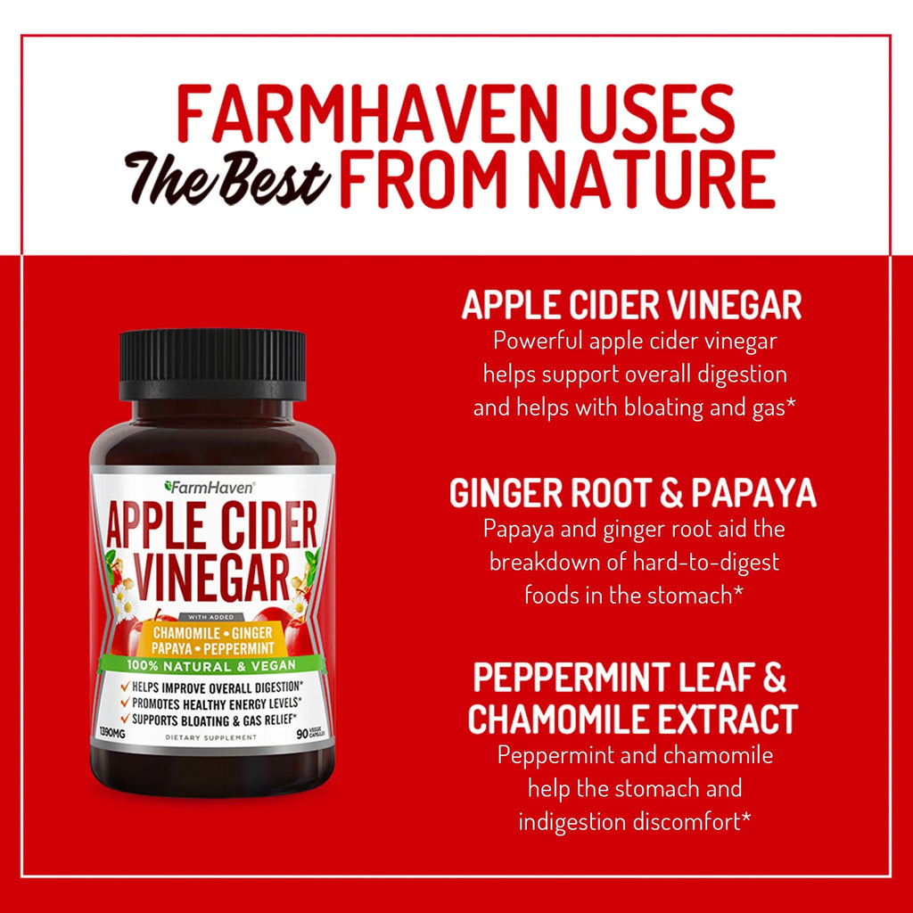 90 Capsules Apple Cider Vinegar Capsules with Ginger, Papaya & Chamomile U694