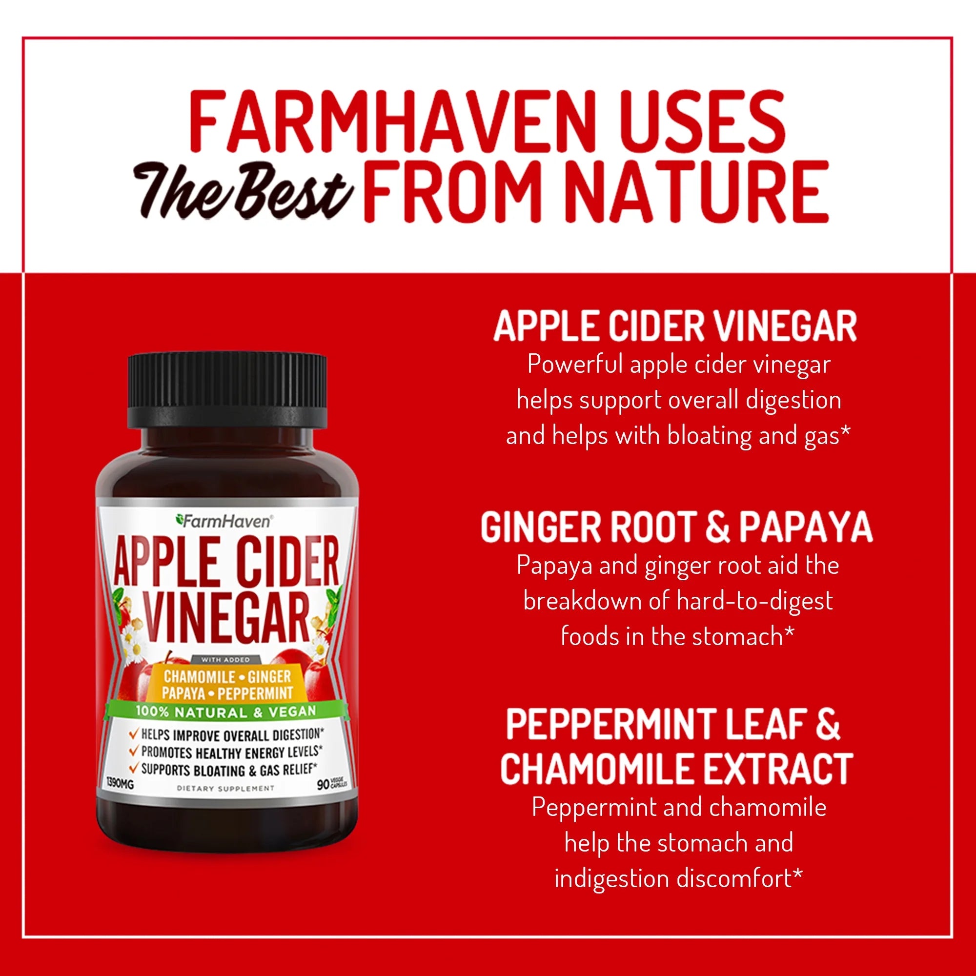 90 Capsules Apple Cider Vinegar Capsules with Ginger, Papaya & Chamomile U694