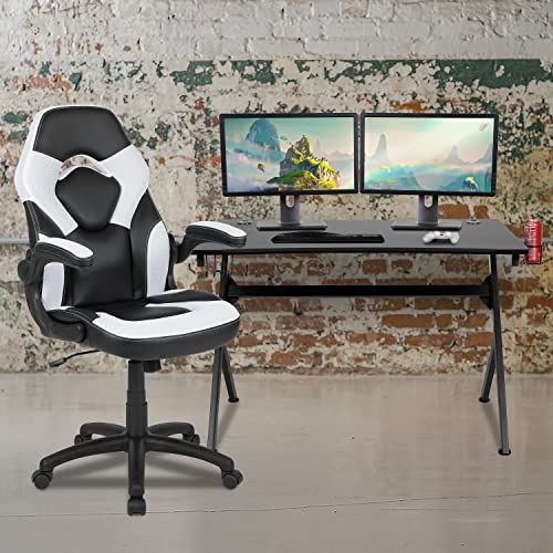 Red Gaming Desk and Blue Reclining Gaming Chair Set with Cup Holder and Headphone Hook P930277