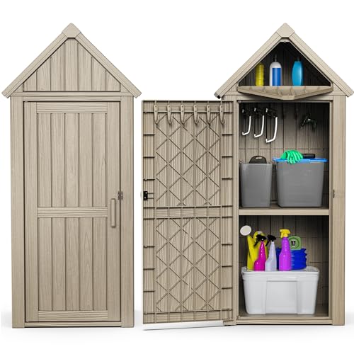 Outdoor Storage Shed Waterproof Resin Heavy-Duty Cabinet Light Brown J13892