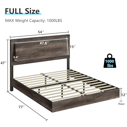 Rustic Grey Full Size Platform Bed Frame with Headboard and LED Light B454396
