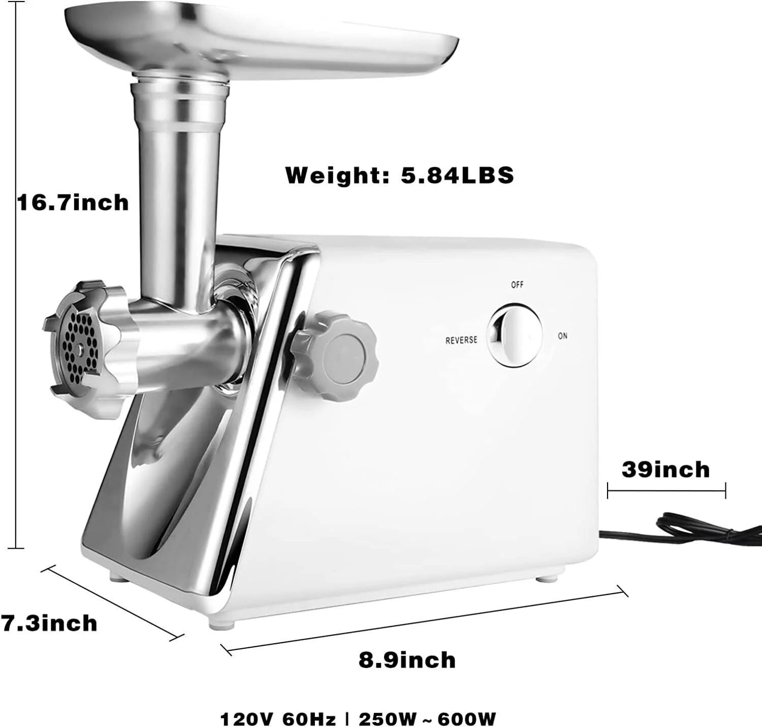 White Electric Meat Grinder with Sausage & Kubbe Kit, 3 Grinder Plates, 600W O158535