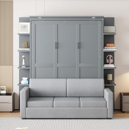 Queen Size Wood Murphy Bed with Storage Shelves and Sofa P72187