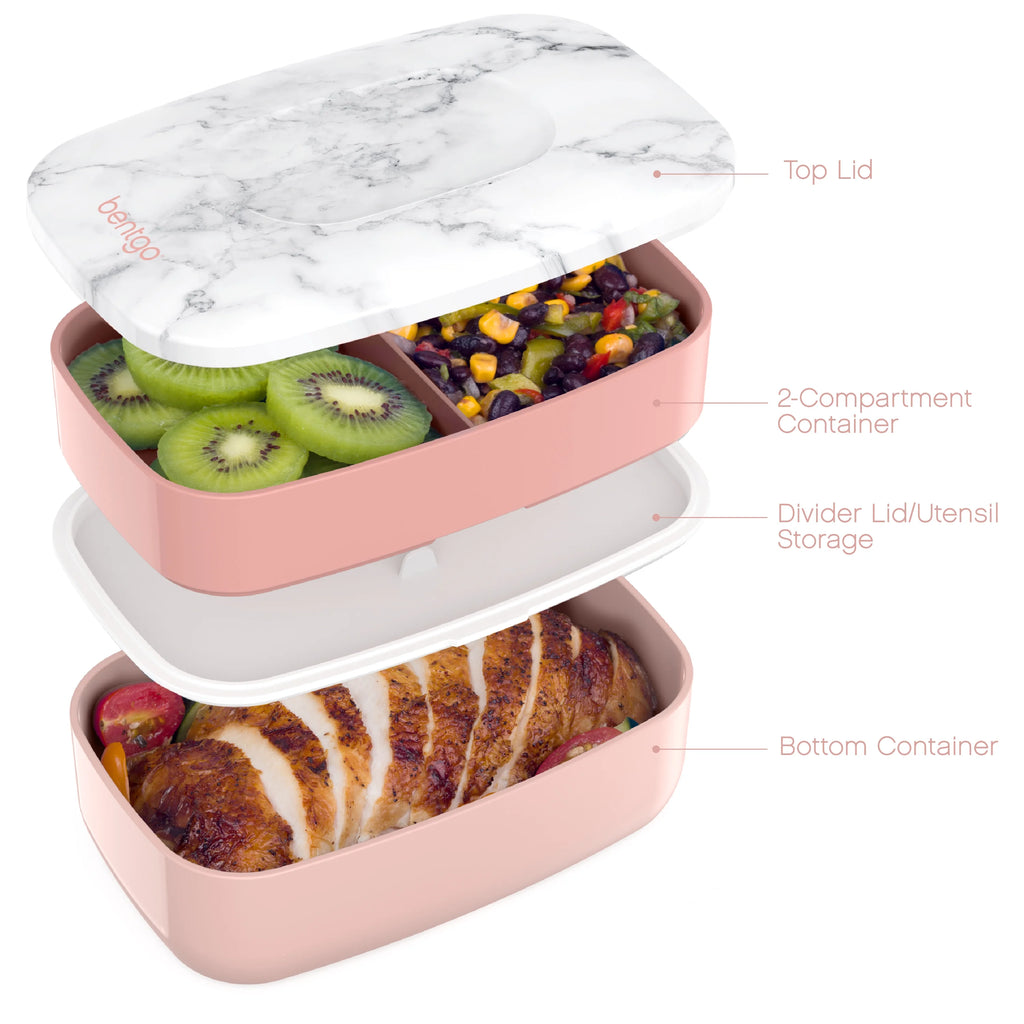 All-in-One Stackable Bento Lunch Box Container with 2 Stackable Containers, Plastic Utensil Set, and Nylon Sealing Strap P85256