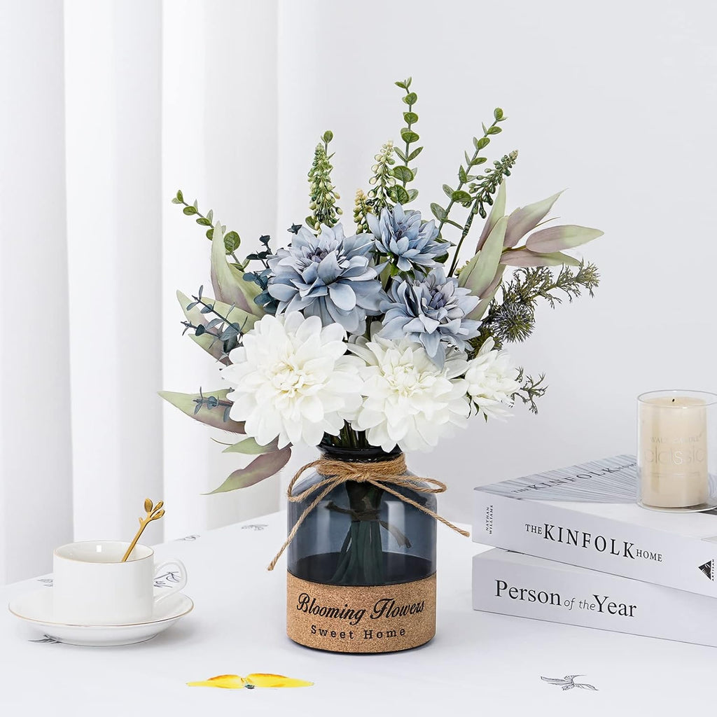 Blue White Dahlia Artificial Flowers with Glass Vase N945