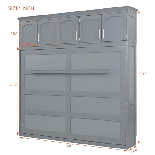 Full Size Murphy Bed with Built-in Wardrobe, 3 Drawers and 3 Open Shelves G7423