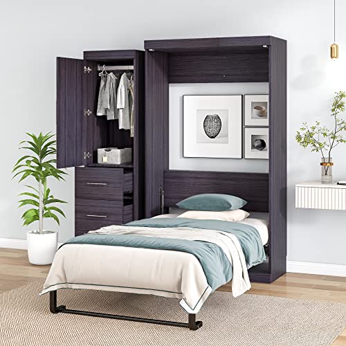 Grey Twin Size Murphy Bed with Wardrobe and Storage Drawers Z7199