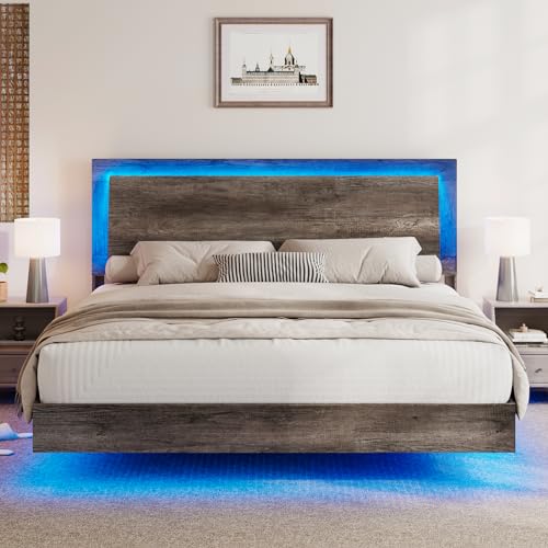 Rustic Grey Full Size Platform Bed Frame with Headboard and LED Light B454396