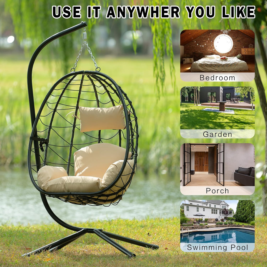 Egg Chair with Stand, Rattan Hanging Chair with Cushion S4962