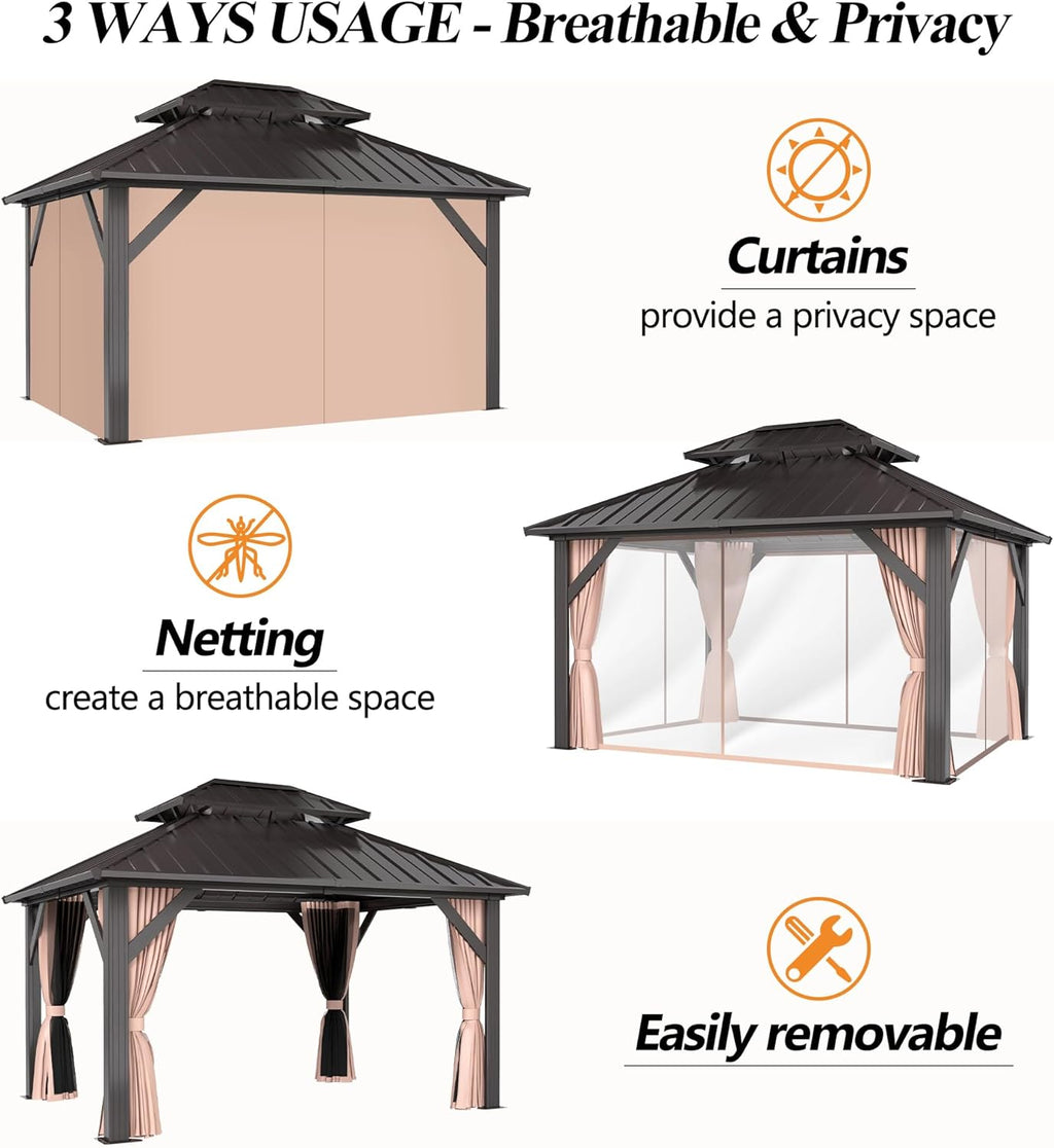 10x12FT Hardtop Gazebo with Double Roof, Heavy-Duty Galvanized Steel Top Aluminum Frame, Breathable Netting & Privacy Curtain R60898