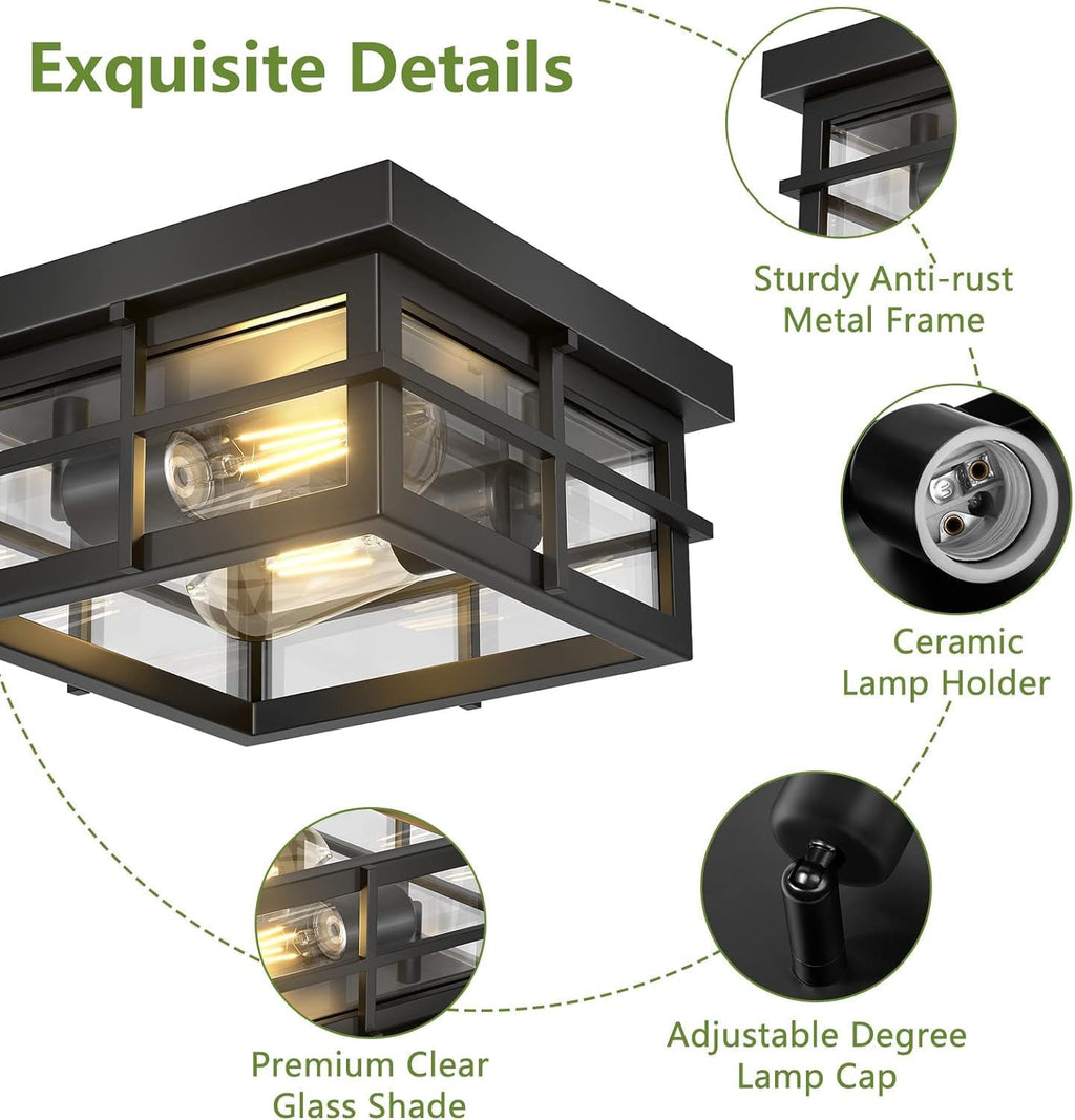 2-Light Black Flush Mount Ceiling Light Fixtures with Clear Glass Shade T111068