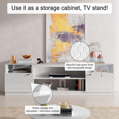 70" High Gloss White TV Stand with Two Doors and Storage Cabinets I4568