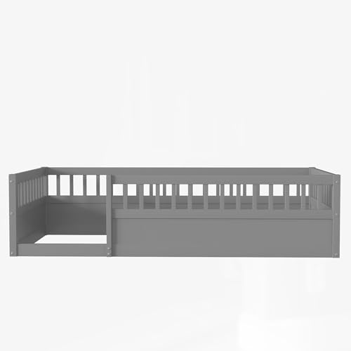 Twin Size White Wood Floor Bed with Rails X268286