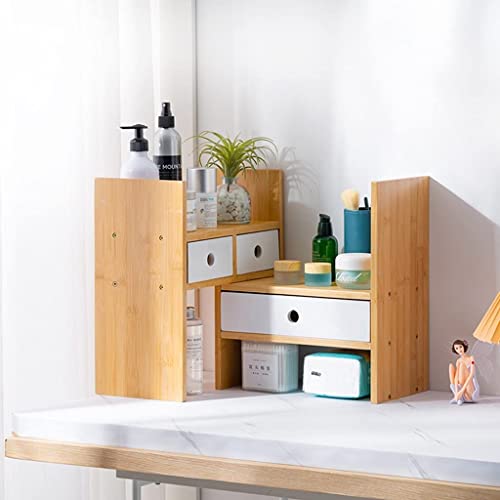 Bamboo Desktop Bookshelf with Drawer Expandable Desk Organizer, 77*35cm B614