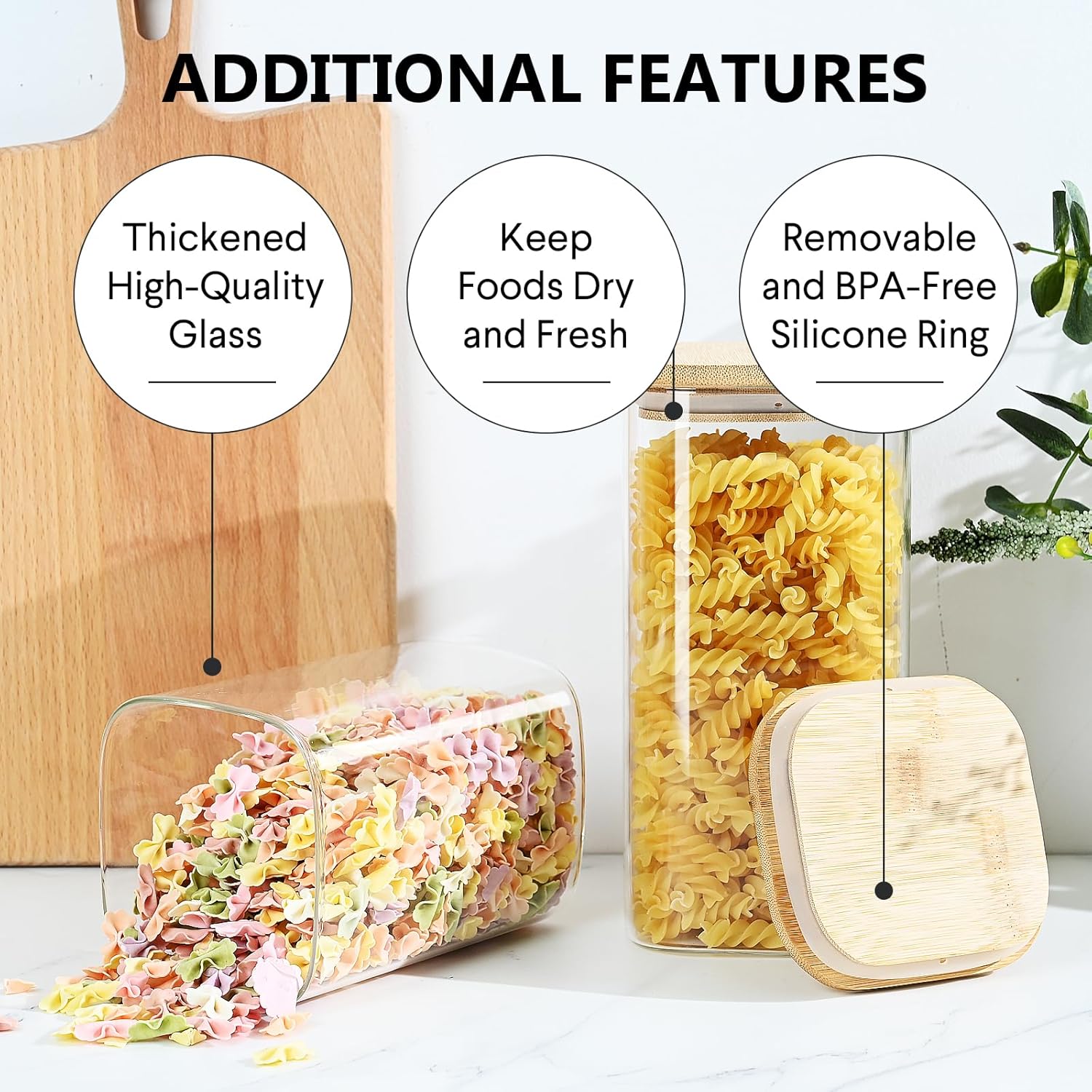 40oz Glass Food Storage Jars with Bamboo Lids, Clear Square Airtight Container Sets, Stackable Canisters (Set of 4) H80212