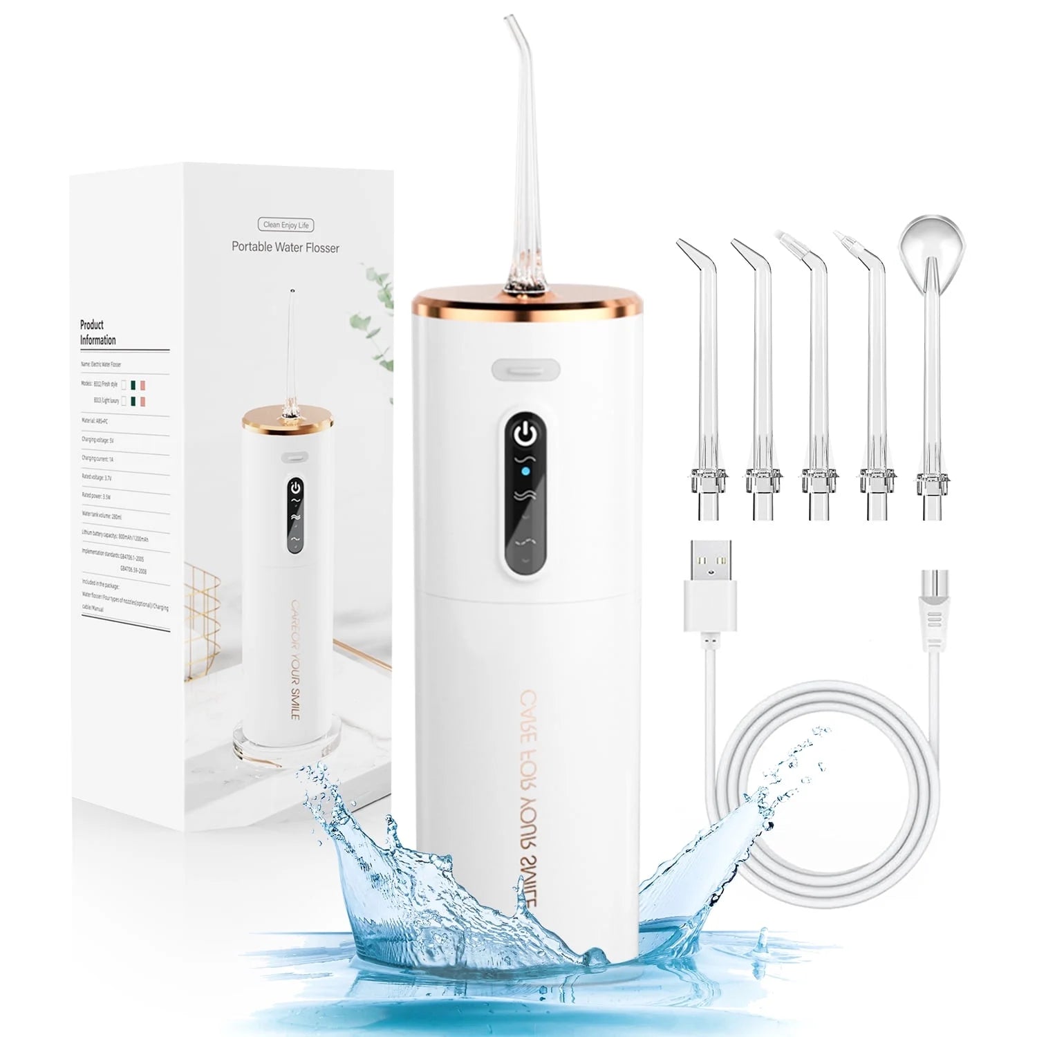 Portable Cordless Electric Water Flosser with 5 Jet Tips, 3 Modes, 280ml Water Tank, IPX7 Waterproof, All White E502996
