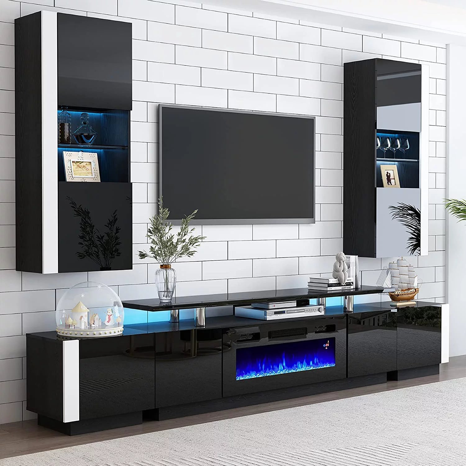 Black 70" Fireplace TV Stand with LED Lights V18648