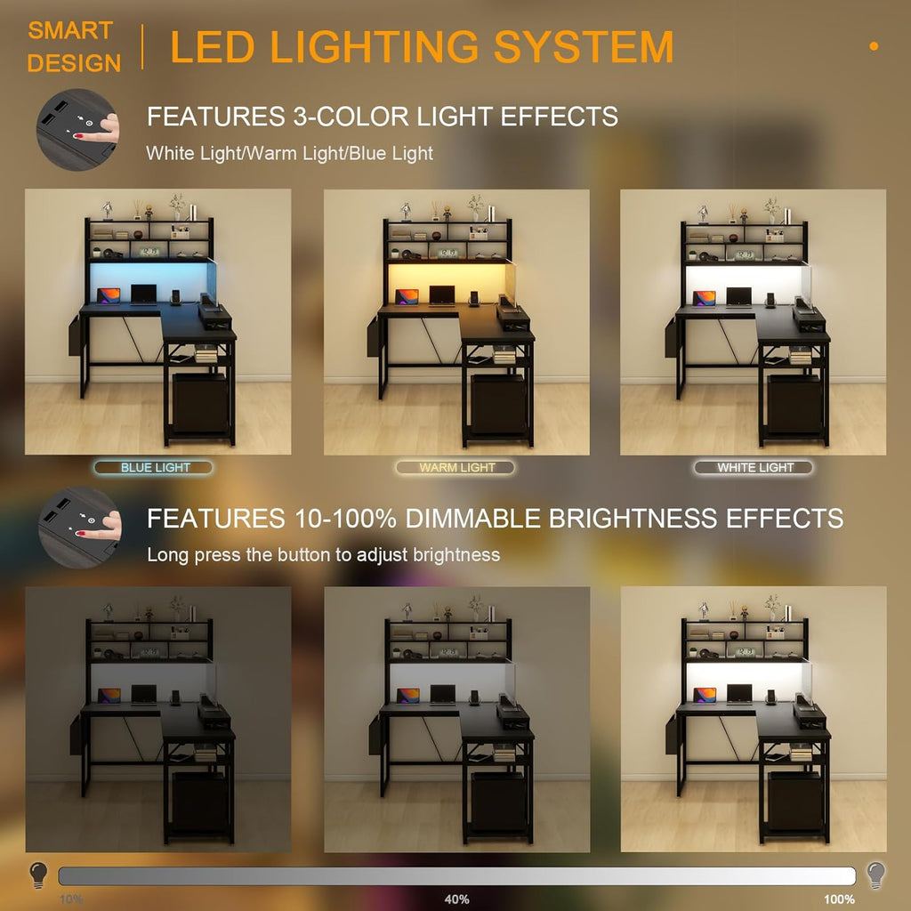 L Shaped Computer Desk with LED Lights and Power Outlets and USB Port S7697