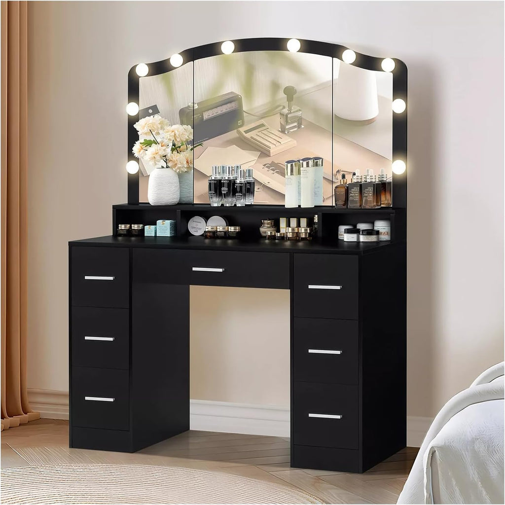 Black 43.3 inches Vanity Desk with Lighted Mirror 7 Drawers D30894