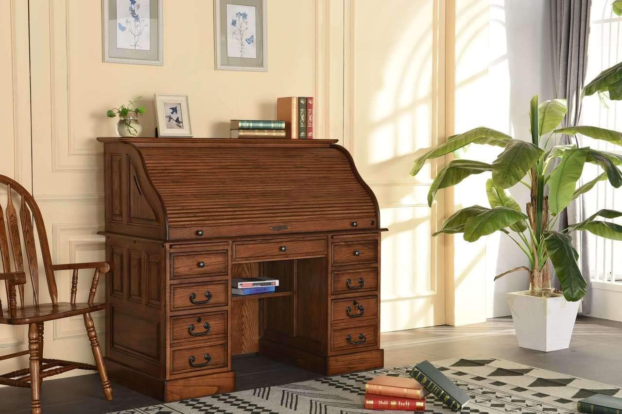 54 Inch Solid Oak Wood Roll Top Desk X74485