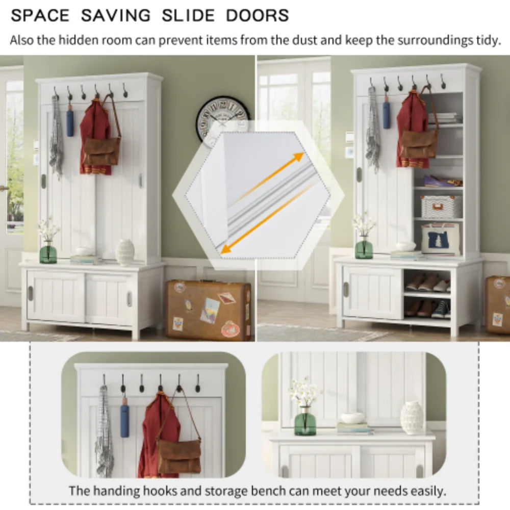 White Wooden Hall Tree with Sliding Doors and Storage Bench W631