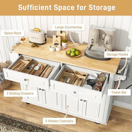 White Rolling Kitchen Island with Drop Leaf and Power Outlet K787