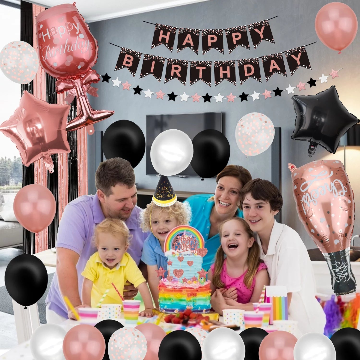 Rose Gold and Black Birthday Banner, Balloons, Fringe Curtains, Tablecloth and Cake Topper R107