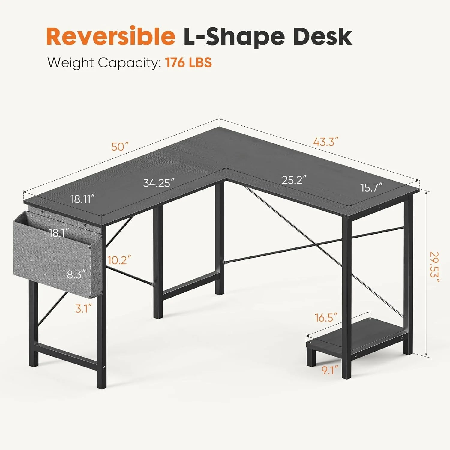 Black L Shaped Computer Desk with Wooden Desktop CPU Stand Side Bag B220