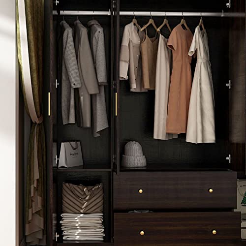 White 4-Door Wardrobe Closet with Mirror, Drawers and Shelves, Hanging Rod X75549