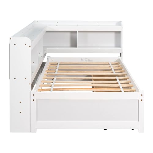 White Twin Size Wooden Bookcase Bed with Storage Drawers W98649