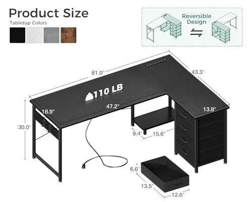 Black L Shaped Desk with 4 Tier Drawers, Power Outlets & USB O818