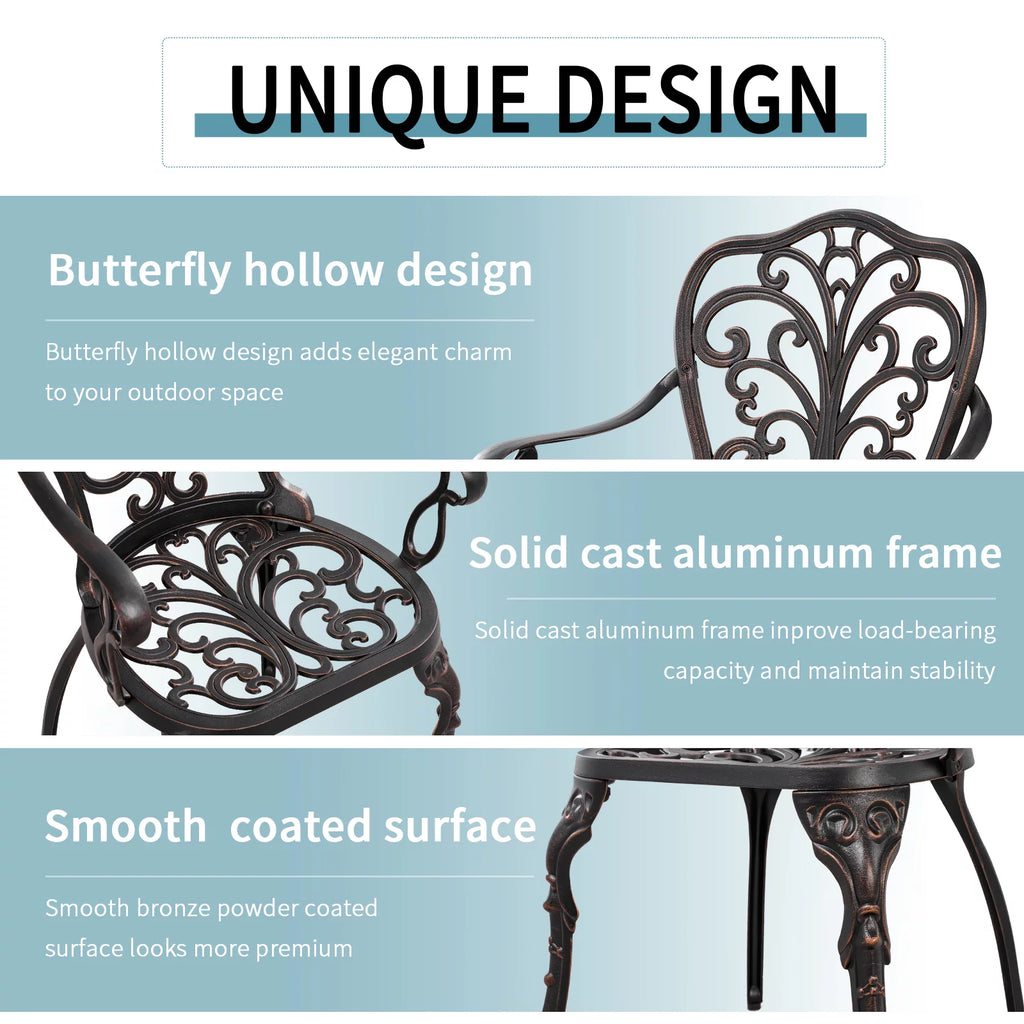 3-Piece Bistro Table and Chairs Set of 2 Outdoor Furniture, Bronze D6955