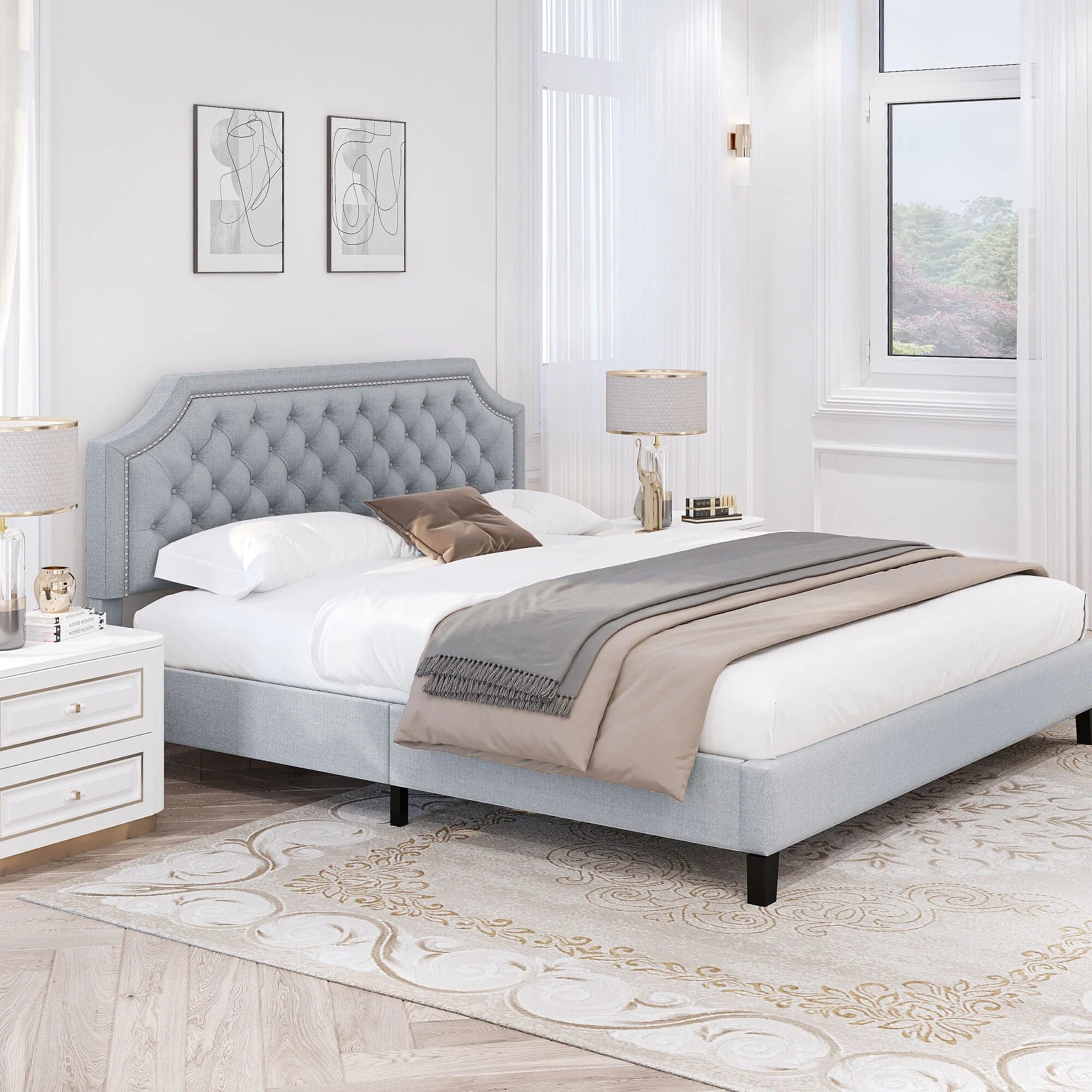 Grey Upholstered Tufted Bed Frame Full L957584