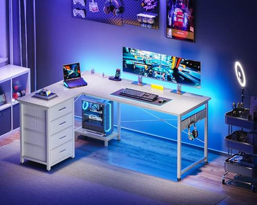Black L Shaped Desk with 4 Tier Drawers, Power Outlets & USB O818