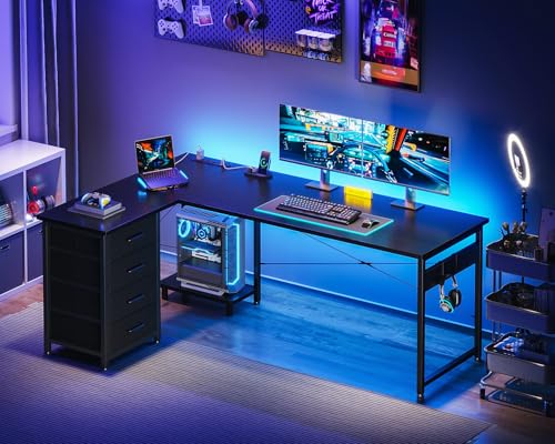 Black L Shaped Desk with 4 Tier Drawers, Power Outlets & USB O818