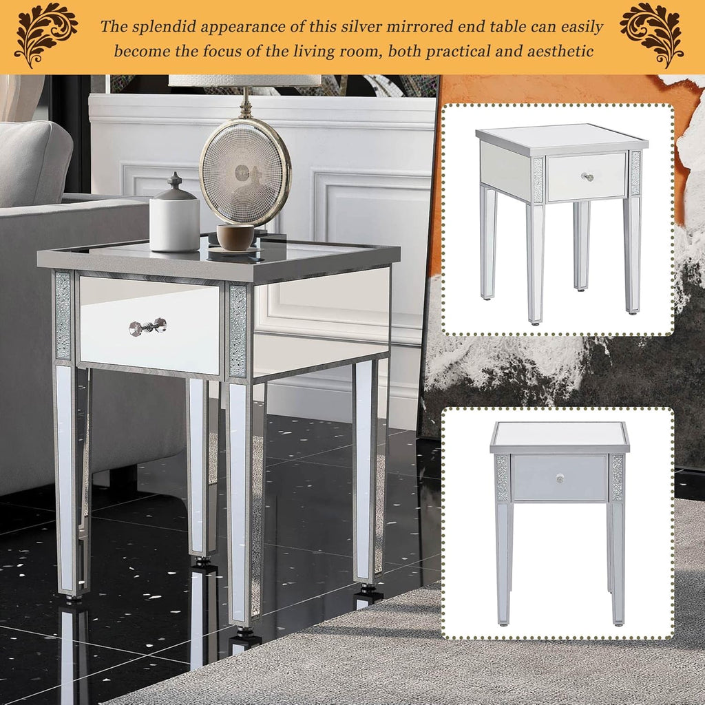 Silver Glass Mirrored End Table with Drawer M63592