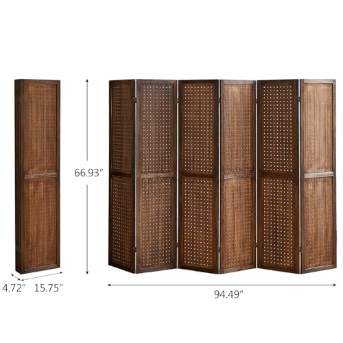 Natural Solid Wood 4 Panel Room Divider with Shelves and 16 Hooks G25804