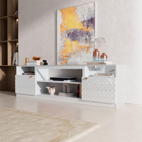 70" High Gloss White TV Stand with Two Doors and Storage Cabinets I4568