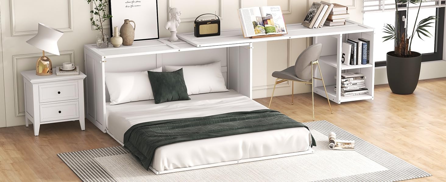 Queen Size White Murphy Bed with Rotating Desk D19369